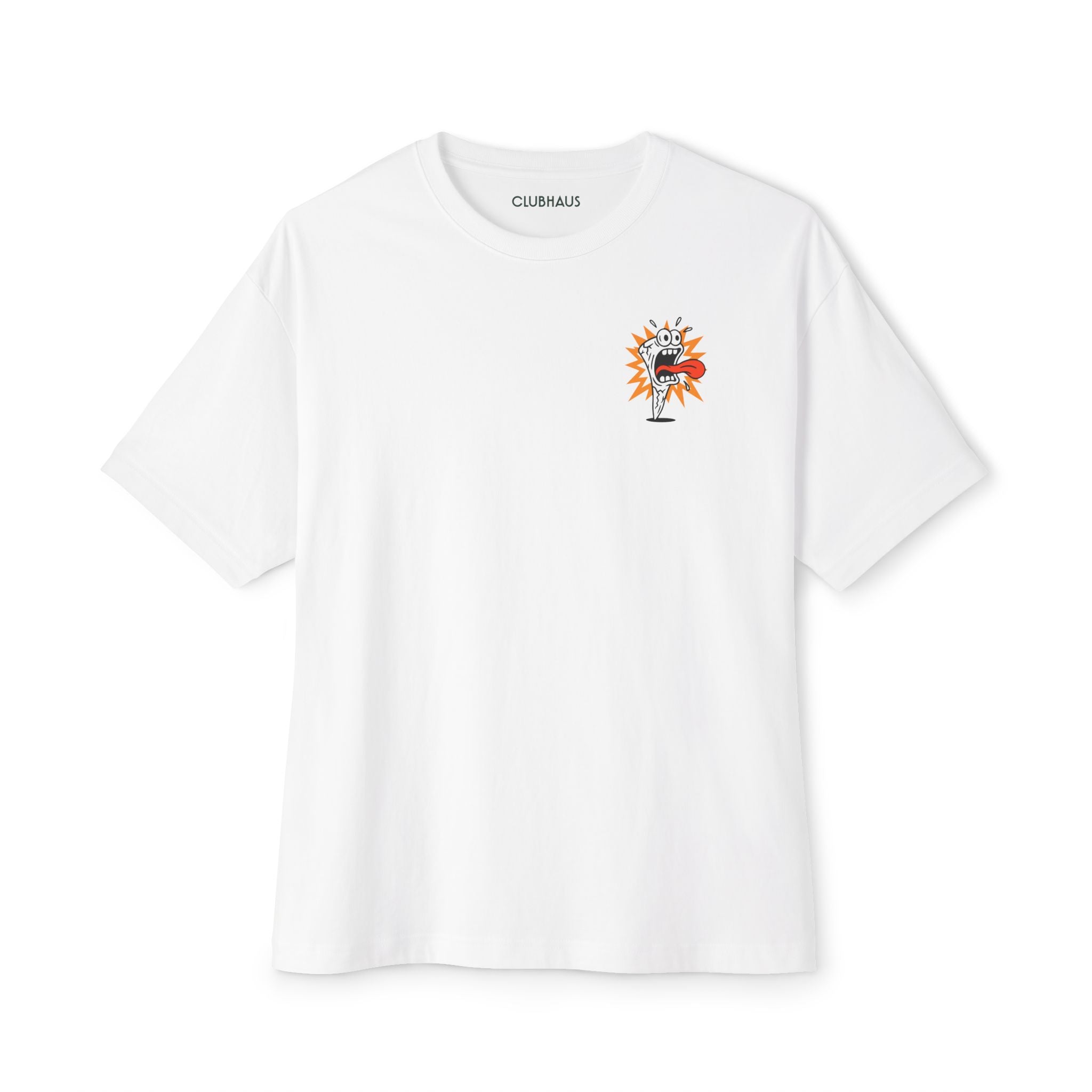 White t-shirt with a small graphic and 'CLUBMUS' branding on a white background
