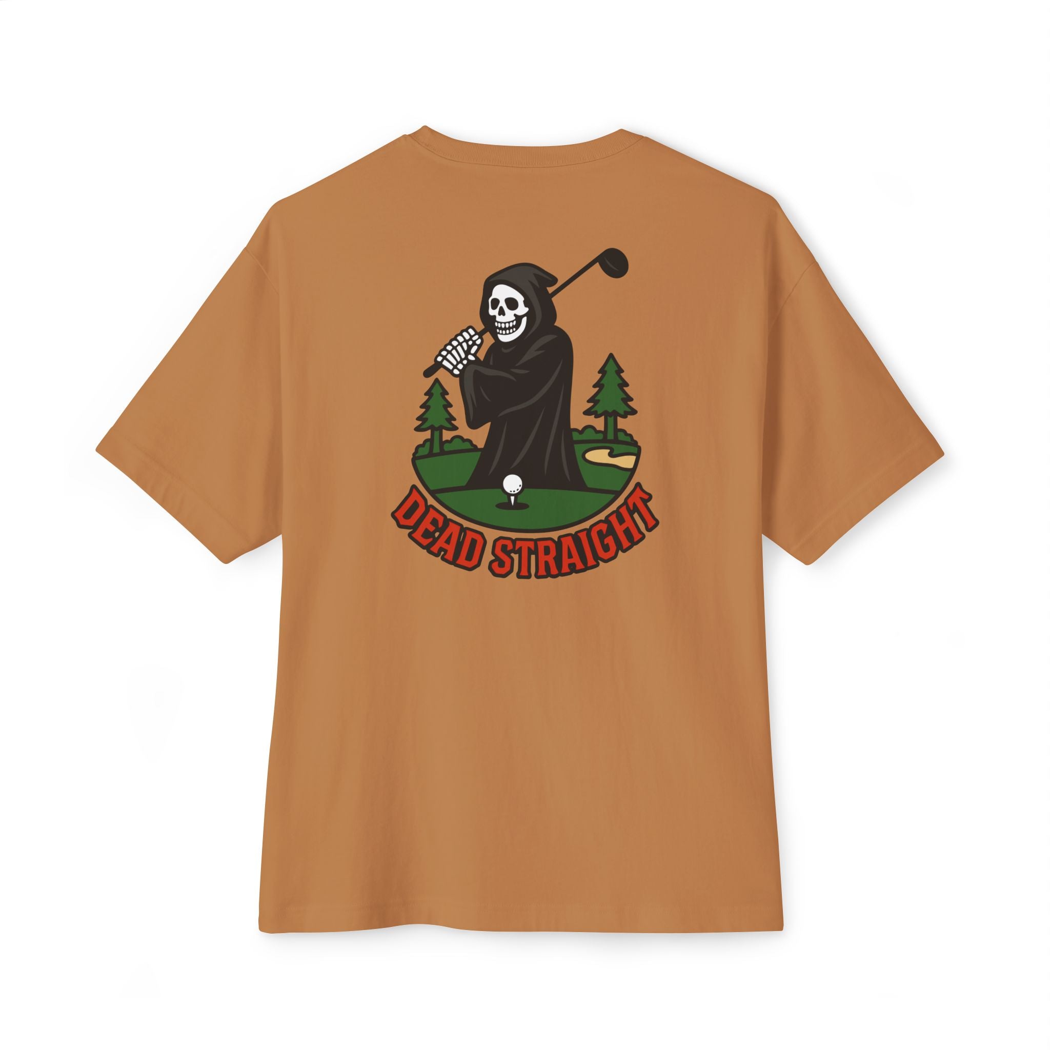 Brown t-shirt with a graphic of a skeleton playing golf and 'Dead Straight' text on the back.