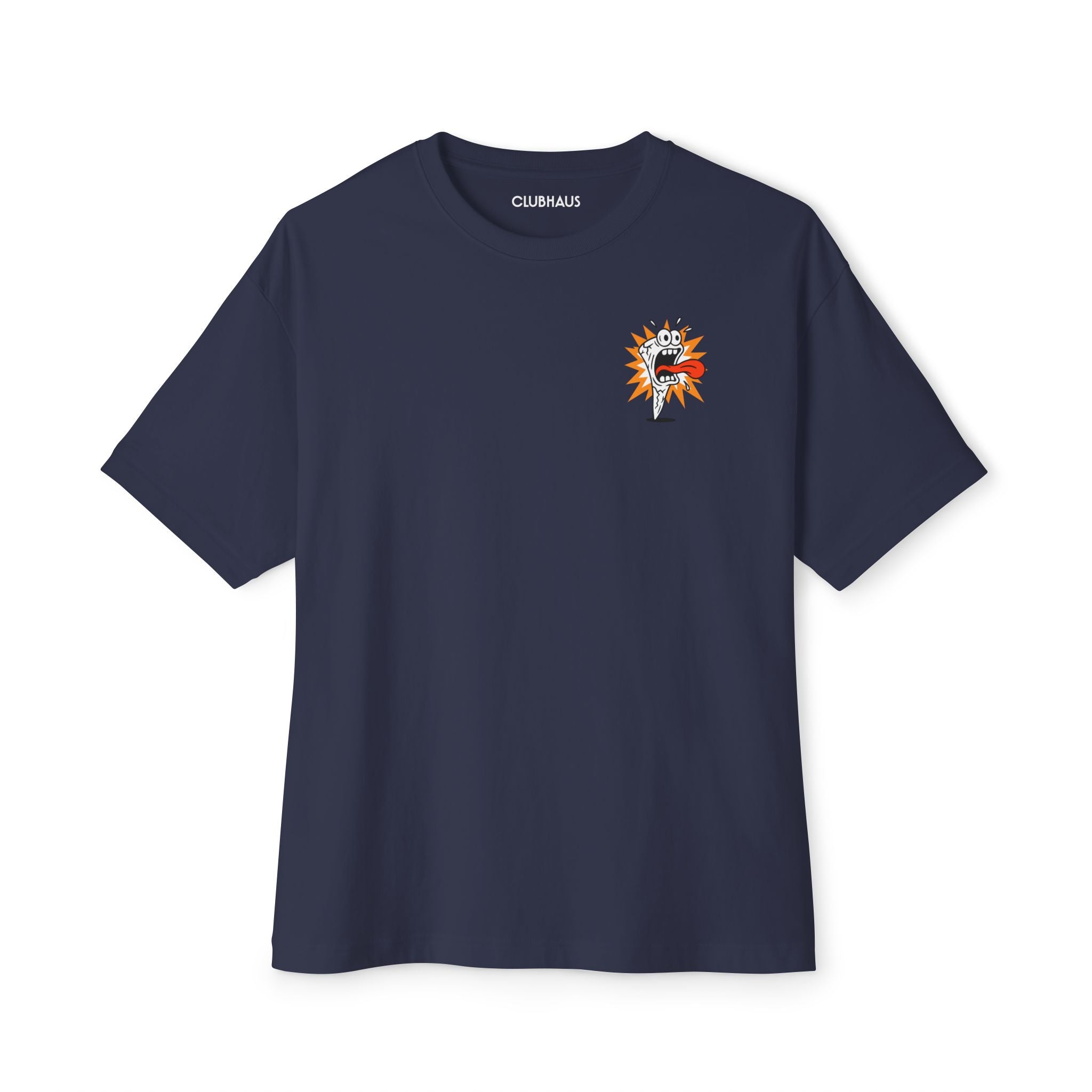 Navy blue t-shirt with a small graphic on the chest against a white background