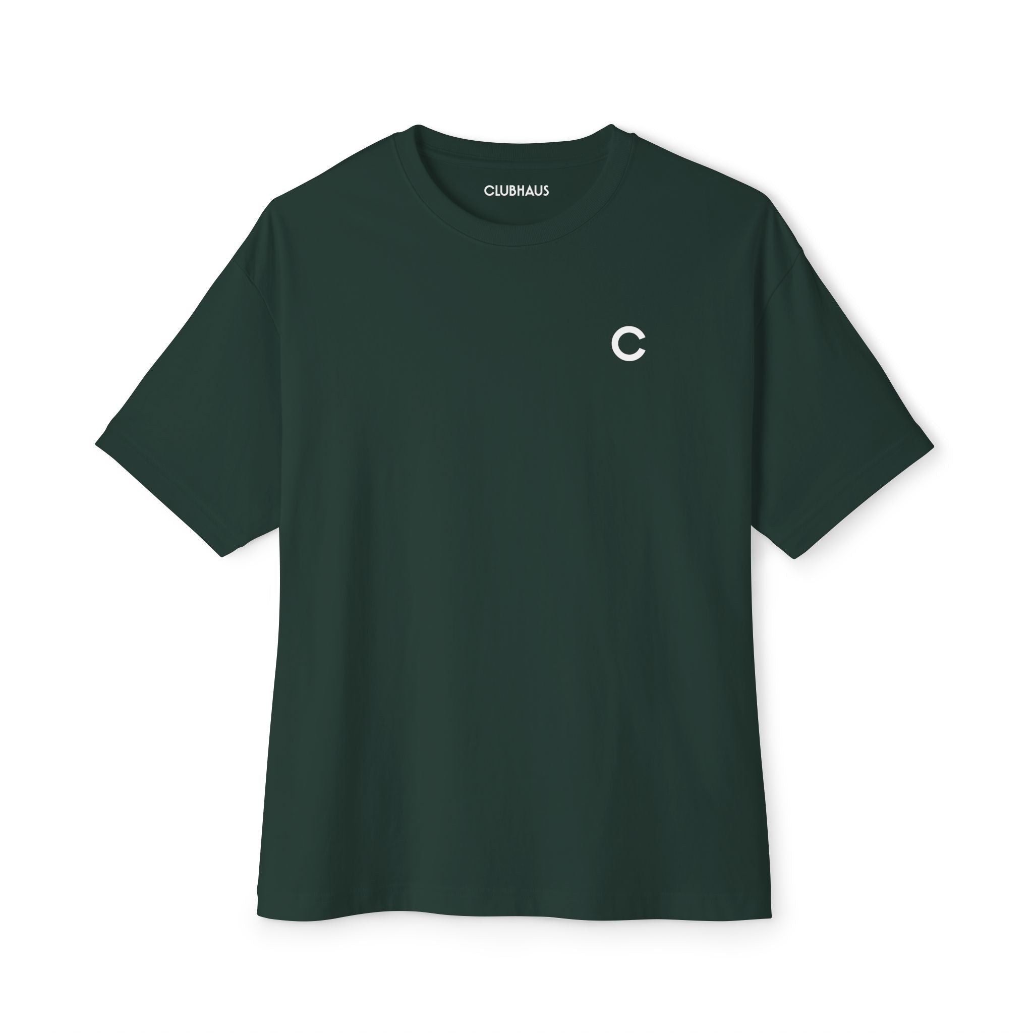 Dark green t-shirt with a small white logo on a white background