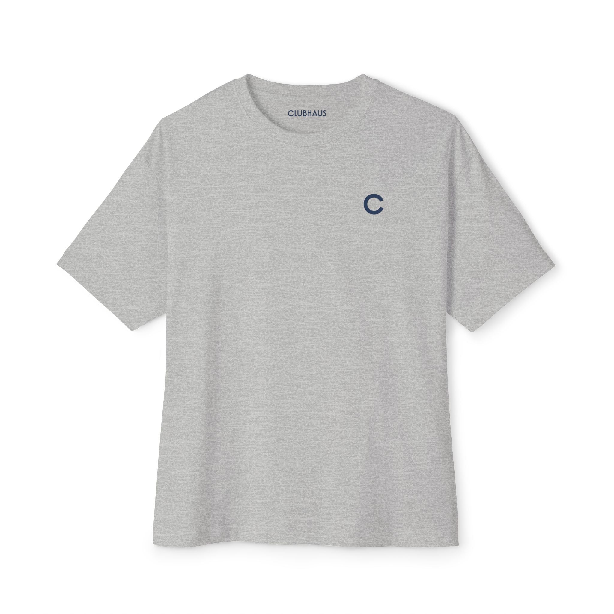 Gray t-shirt with a small logo on a white background