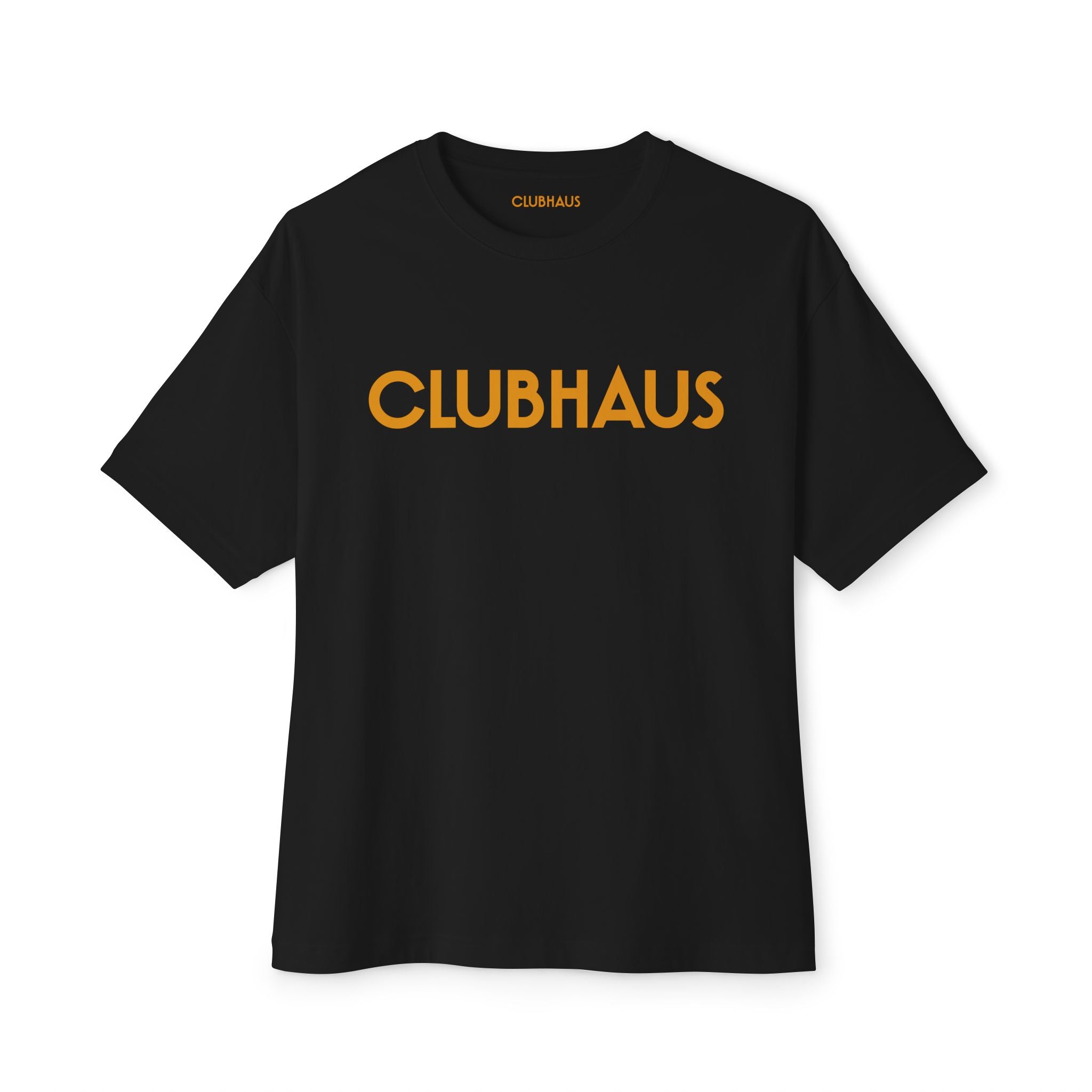 Black t-shirt with 'CLUBHAUS' text on a white background
