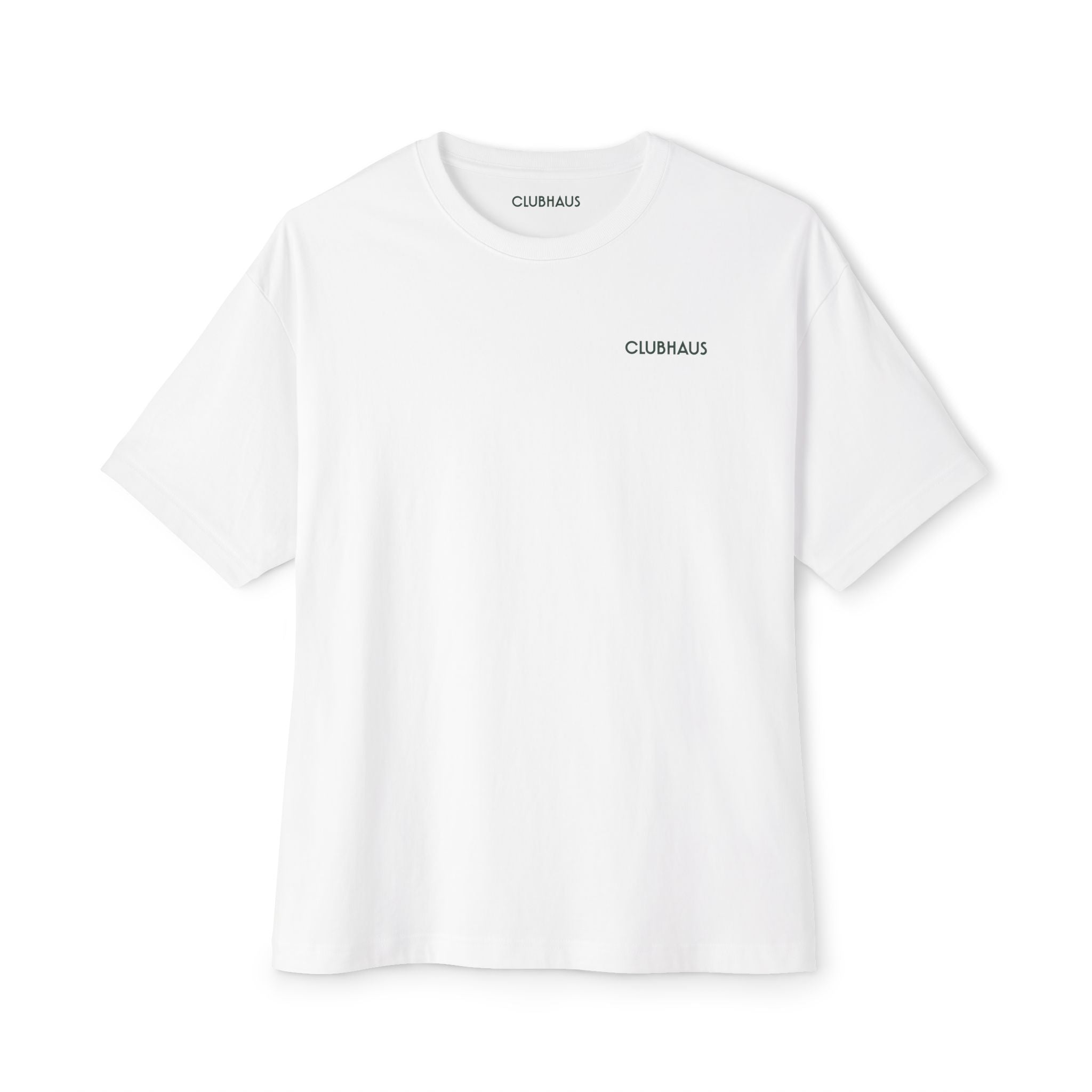 White t-shirt with 'CLUBHAUS' logo on a white background