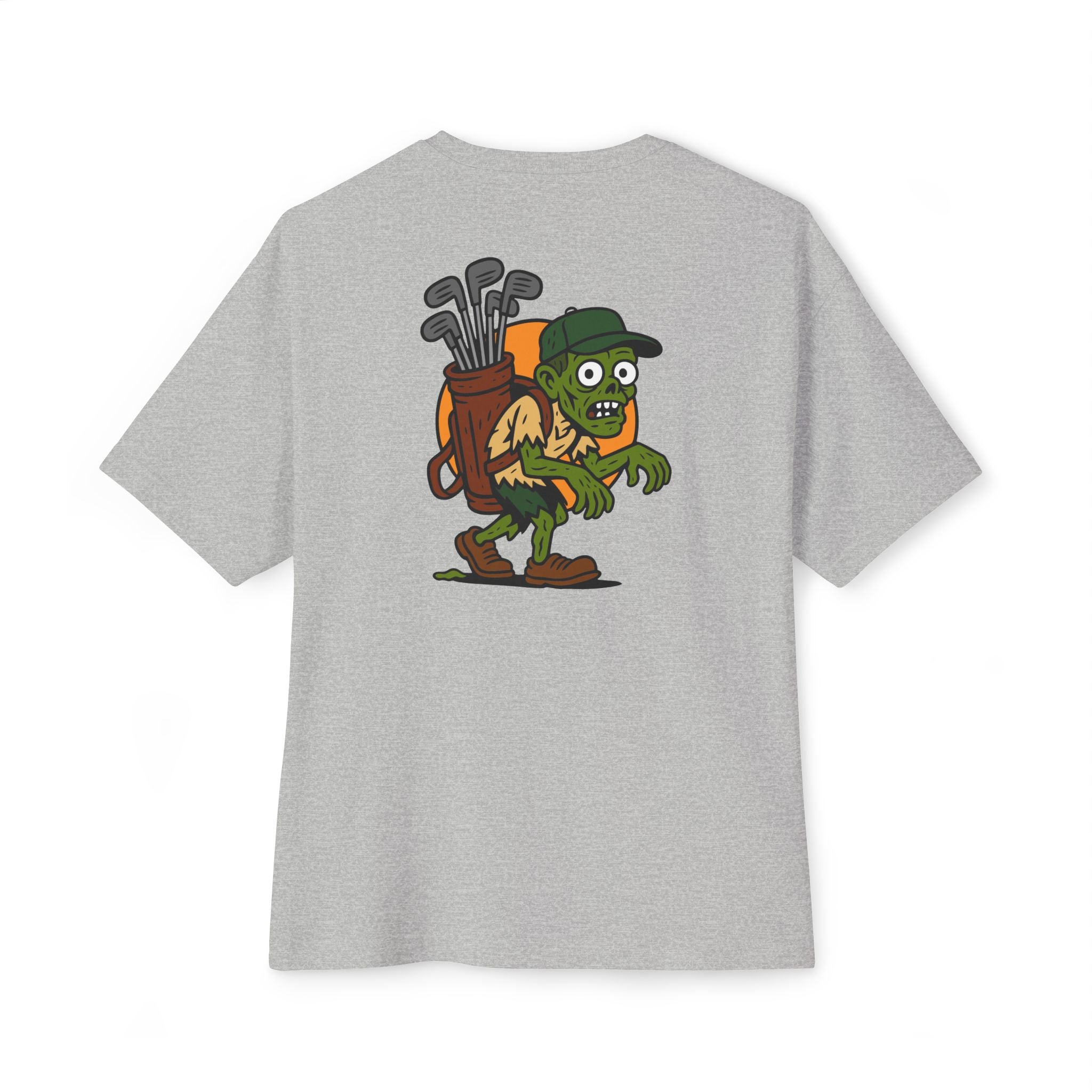 Gray t-shirt with a cartoon character holding golf clubs on the back against a white background