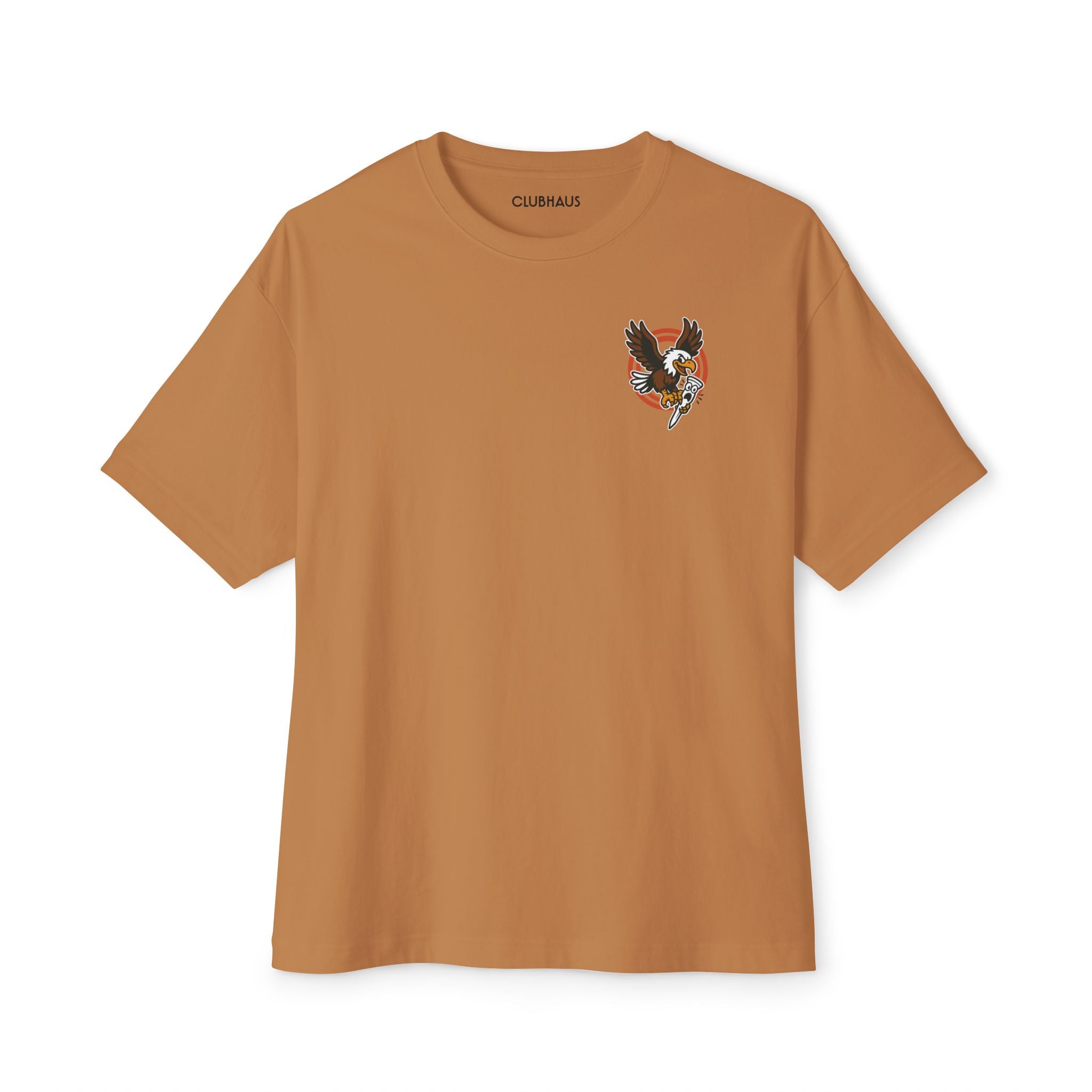 Brown t-shirt with a logo on the chest against a white background