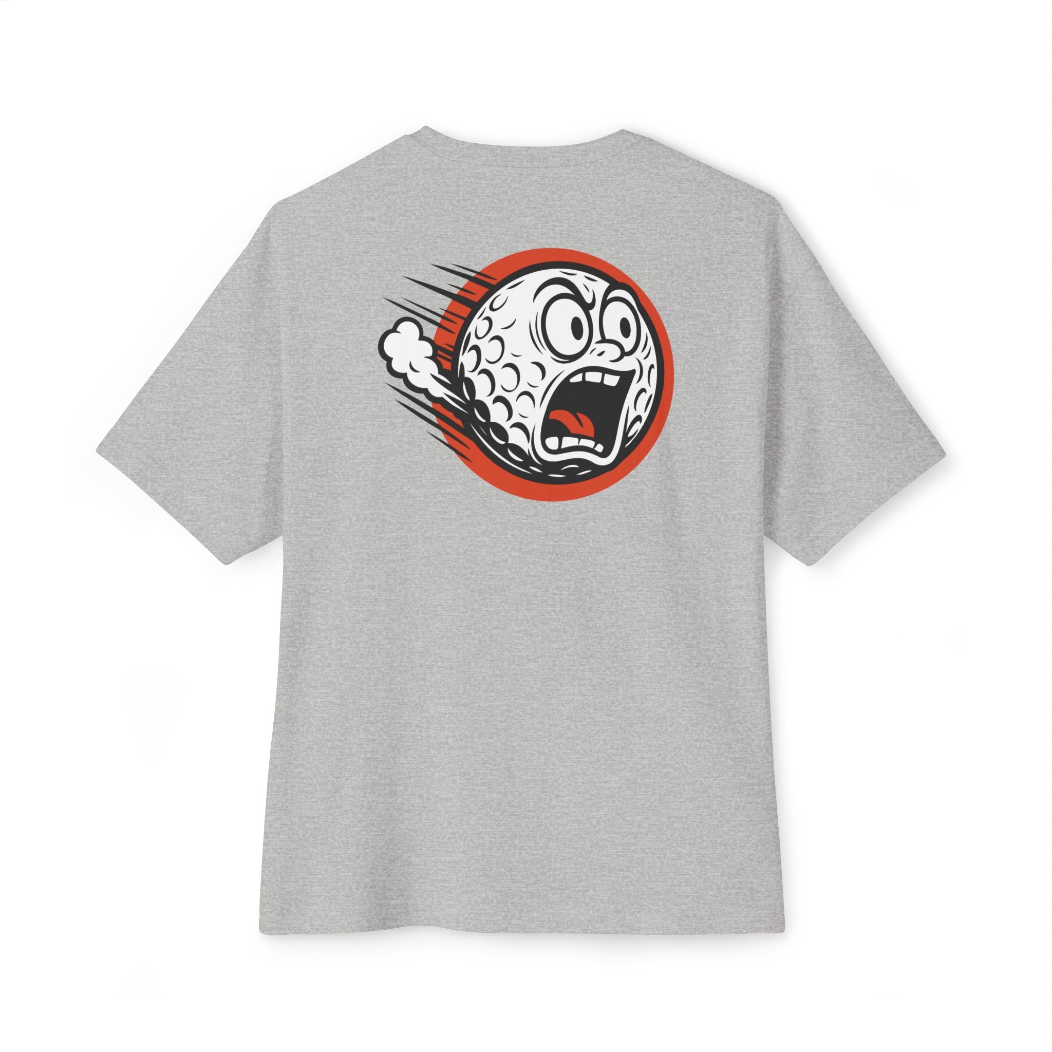 Gray t-shirt with a graphic design on the back against a white background