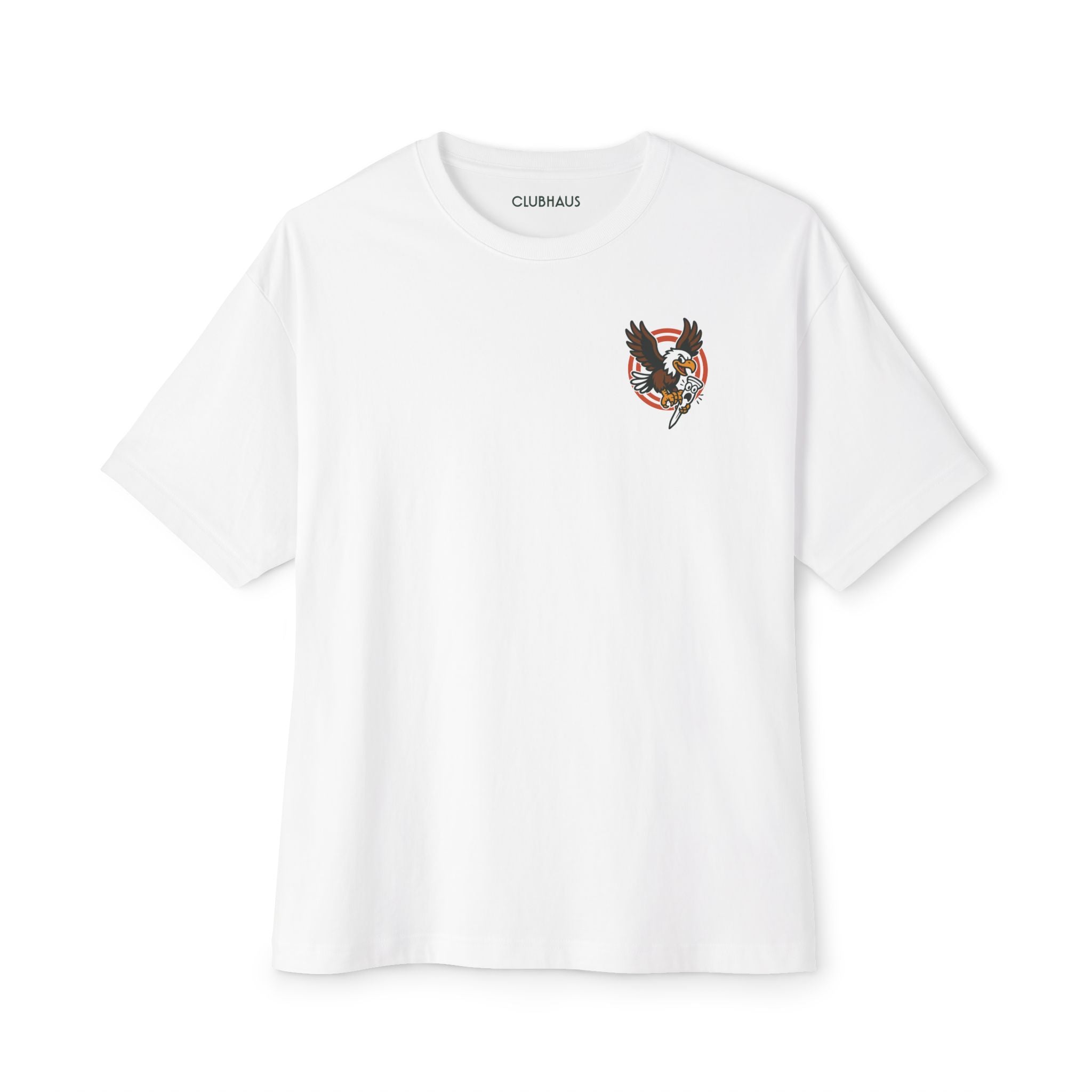White t-shirt with a logo on the chest against a white background