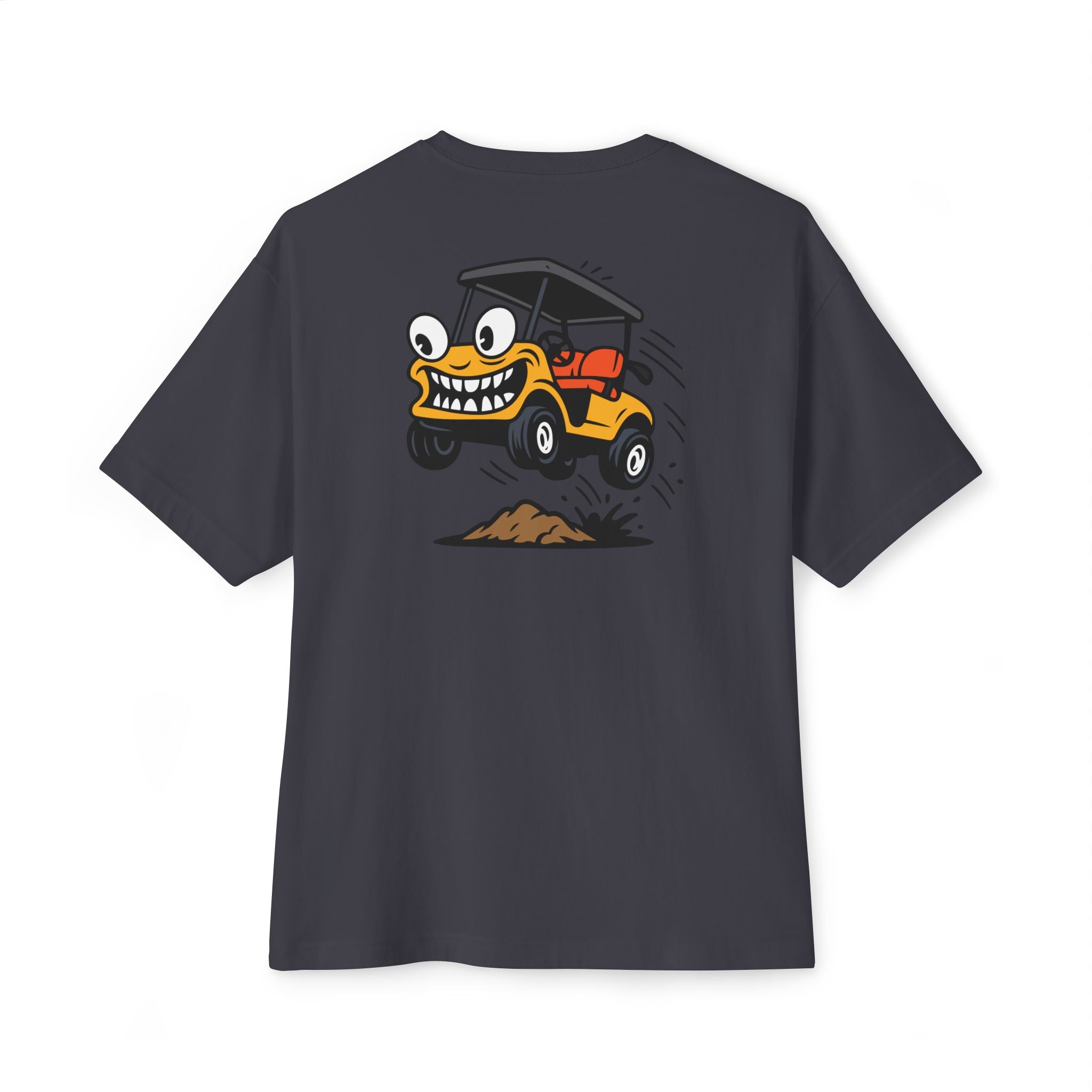 Black t-shirt with a cartoon golf cart graphic on the back against a white background