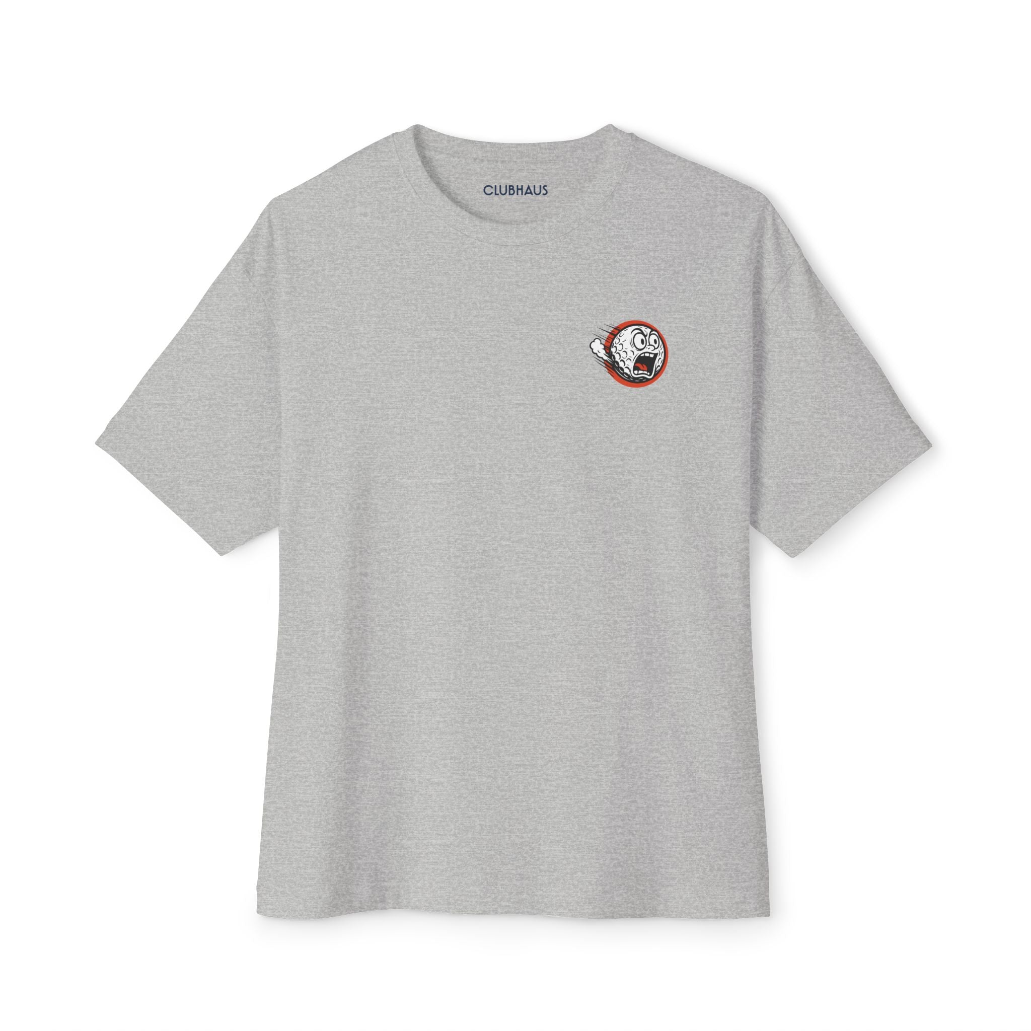 Gray t-shirt with a small logo on a white background