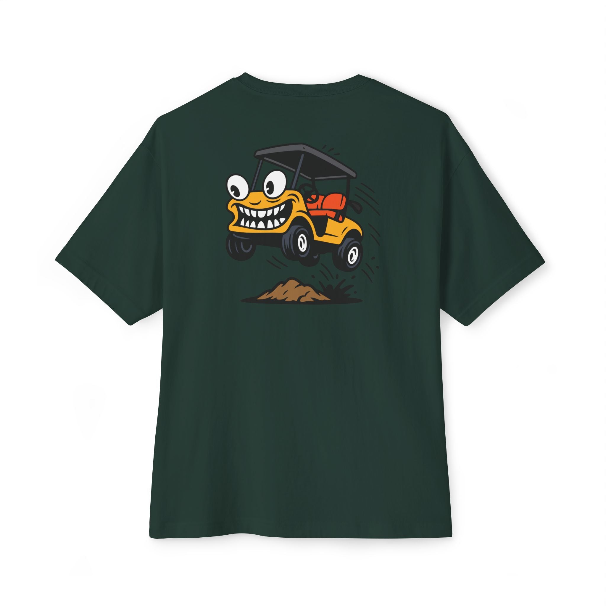 Green t-shirt with a cartoon golf cart design on the back against a white background