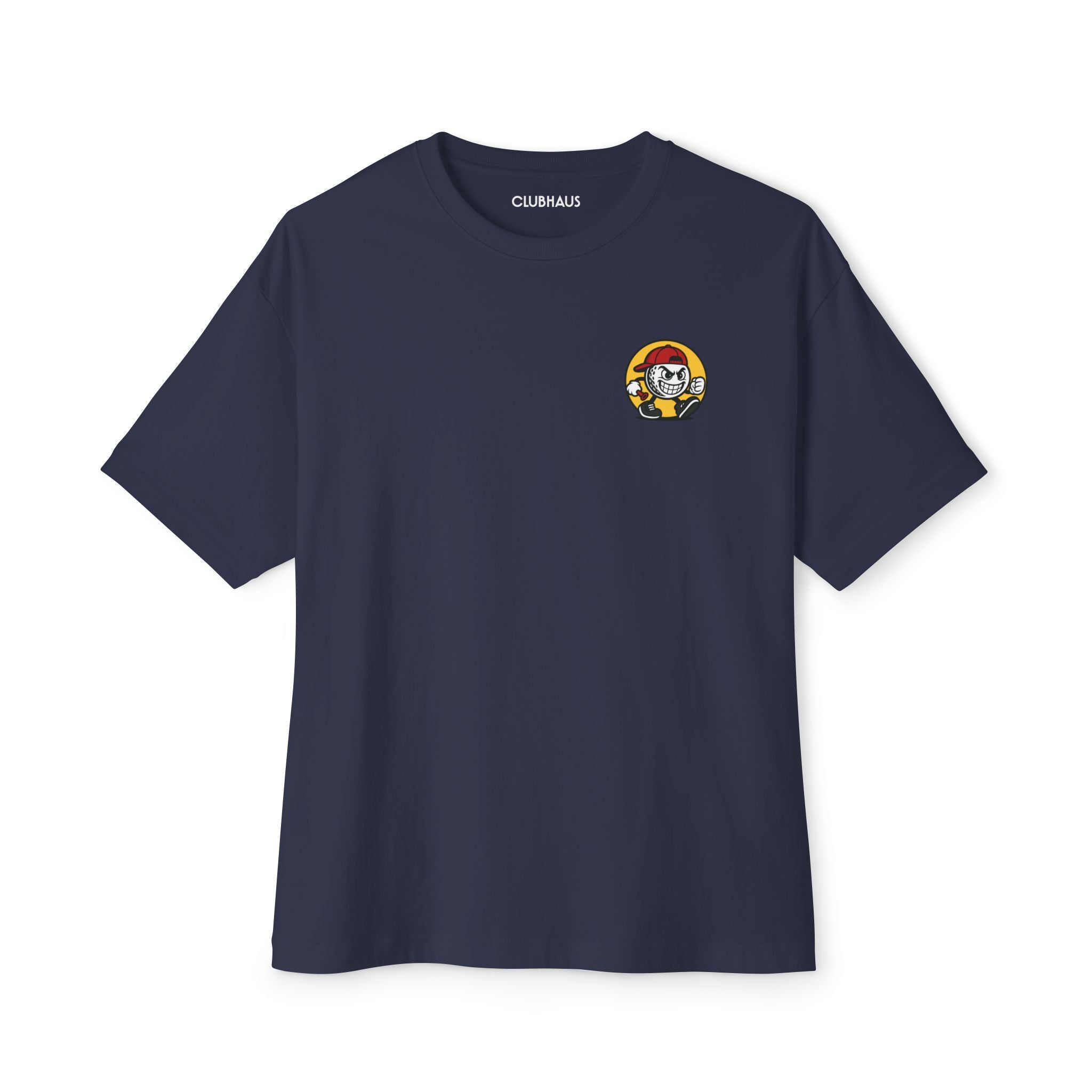Navy blue t-shirt with a small logo on the chest against a white background