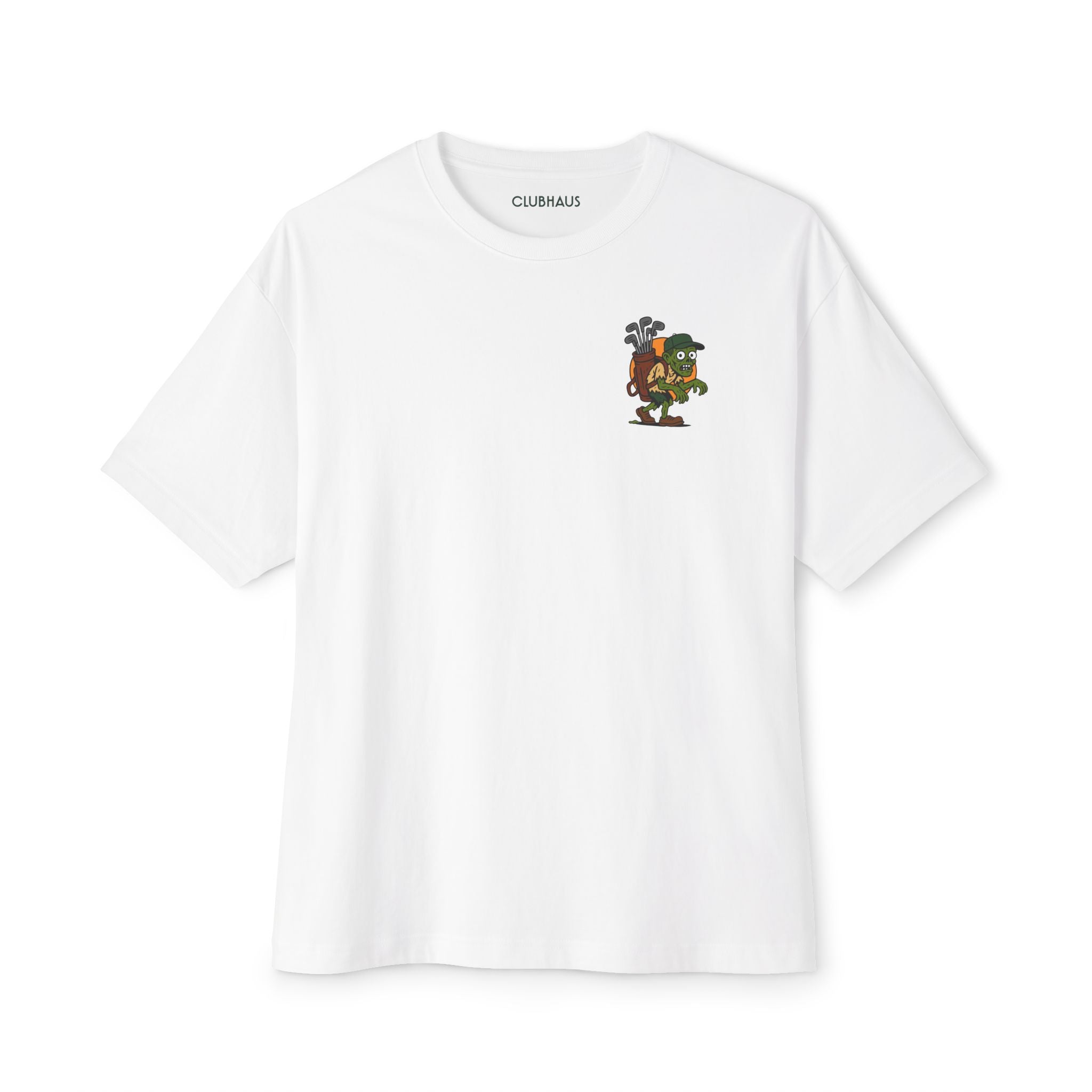 White t-shirt with a cartoon character and 'Clubhaus' branding on a white background