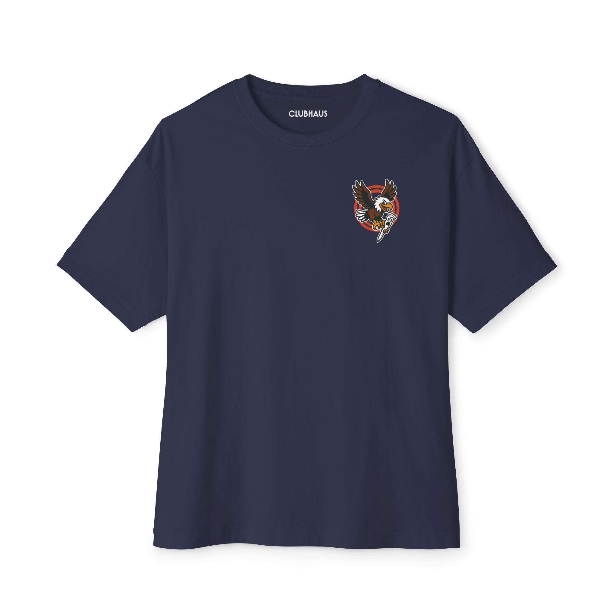 Navy blue t-shirt with a small logo on the chest against a white background
