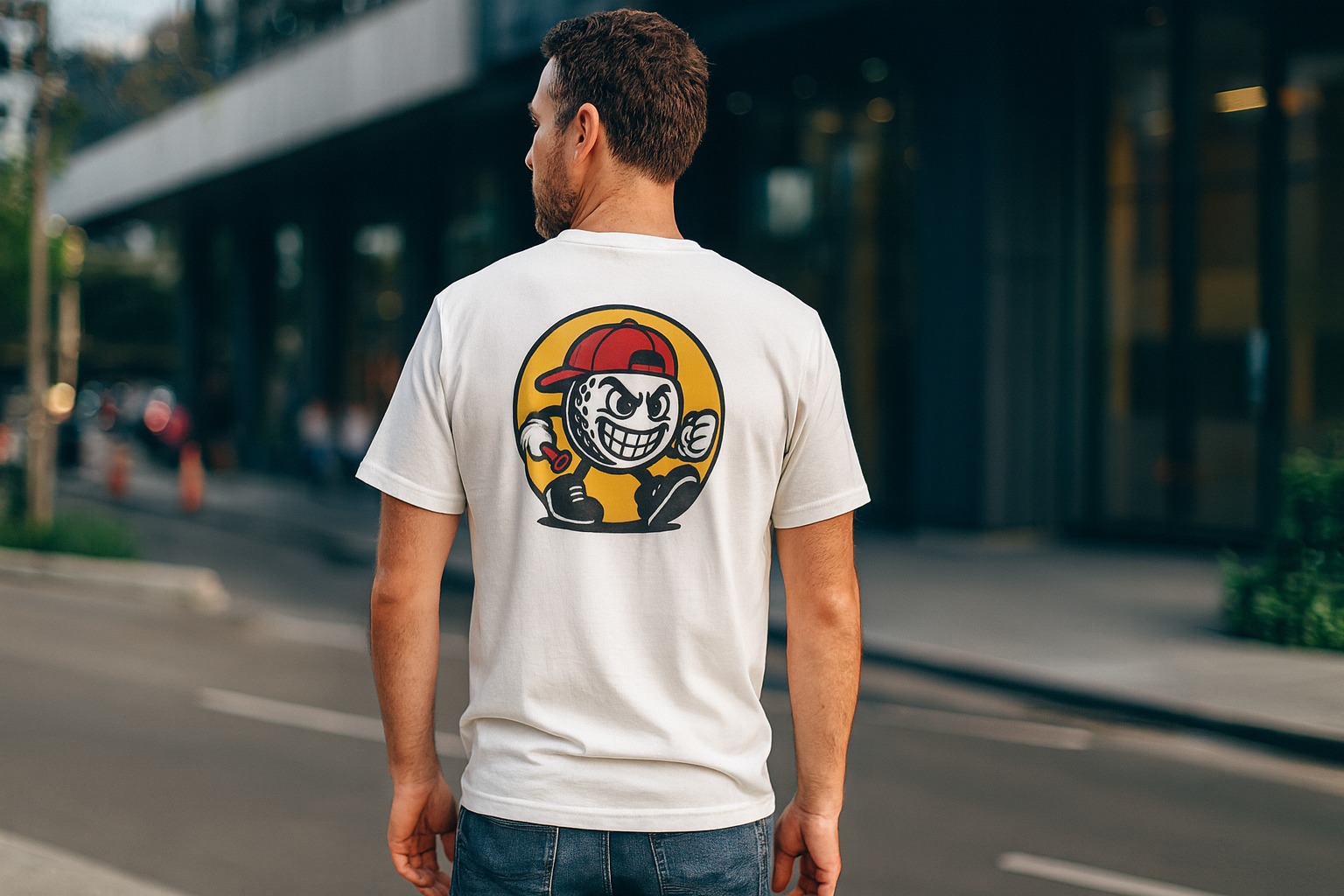 Man wearing a white t-shirt with a colorful graphic on the back, standing on a street.